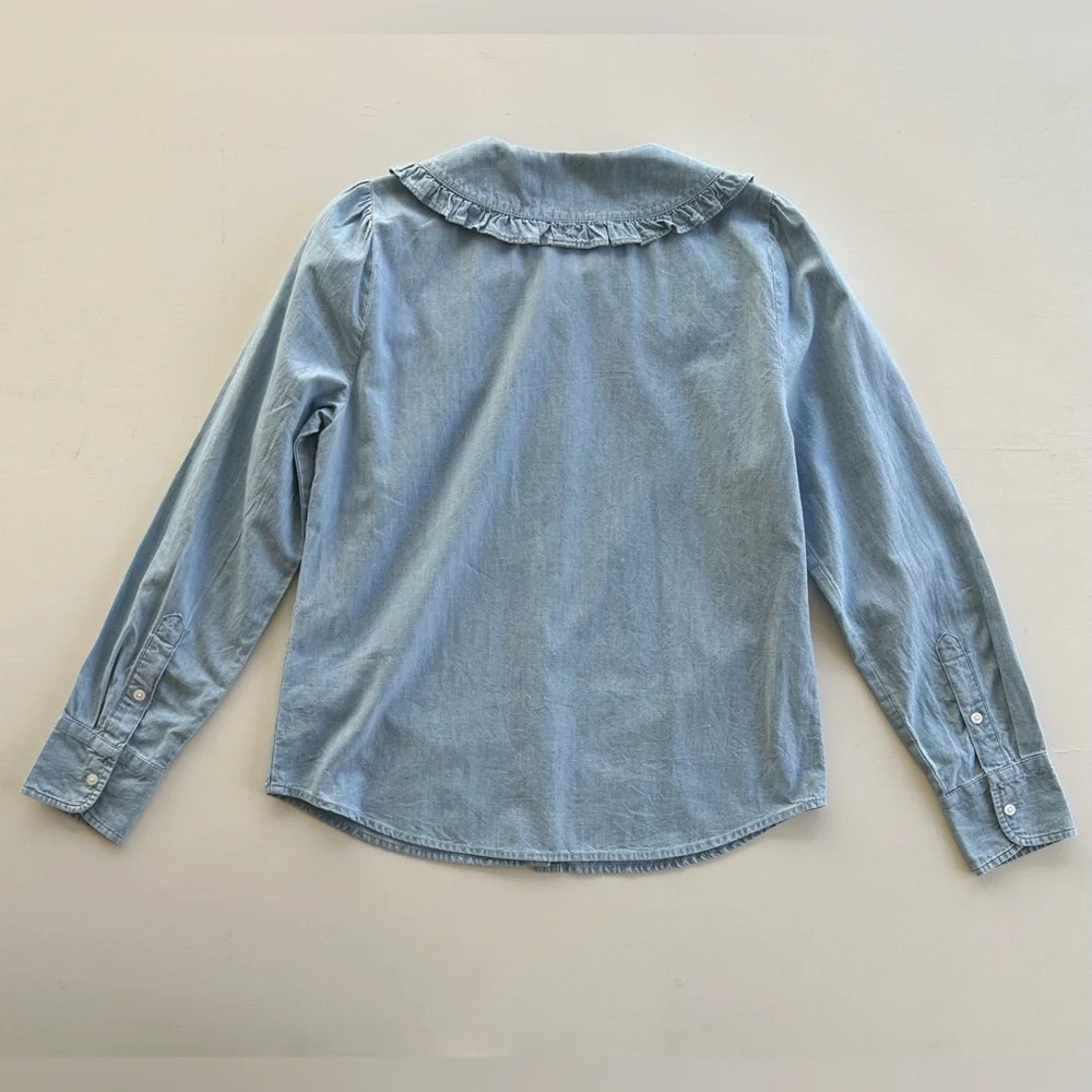 J Crew Blue Chambray Shirt Ruffle Peter Pan Collar Long Sleeve Women's Size 4 - Picture 8 of 15